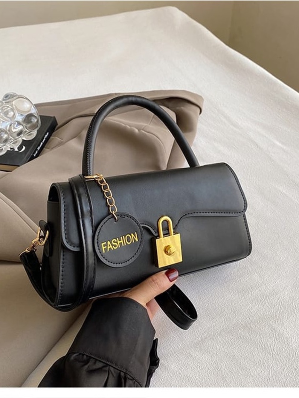 No Boundaries Black Mini Top-Handle Bag with Gold Padlock
